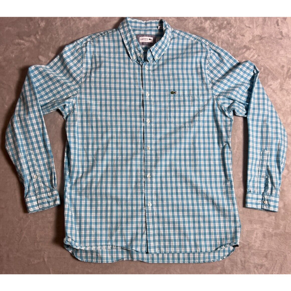 Lacoste Other - Lacoste Shirt Mens XL Slim Fit Teal Blue White Plaid Button Up Long Sleeve @TD